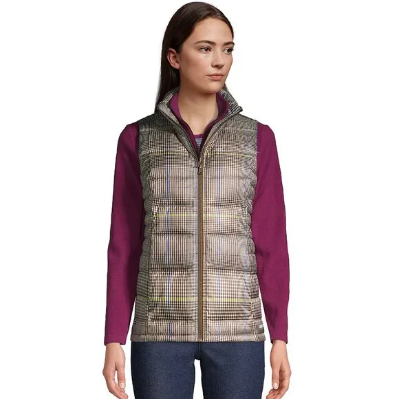 Lands' End Down Vest Light Brown Beige Glen Plaid size PS Petite 8 P6 P8 6P 8P - Picture 2 of 7